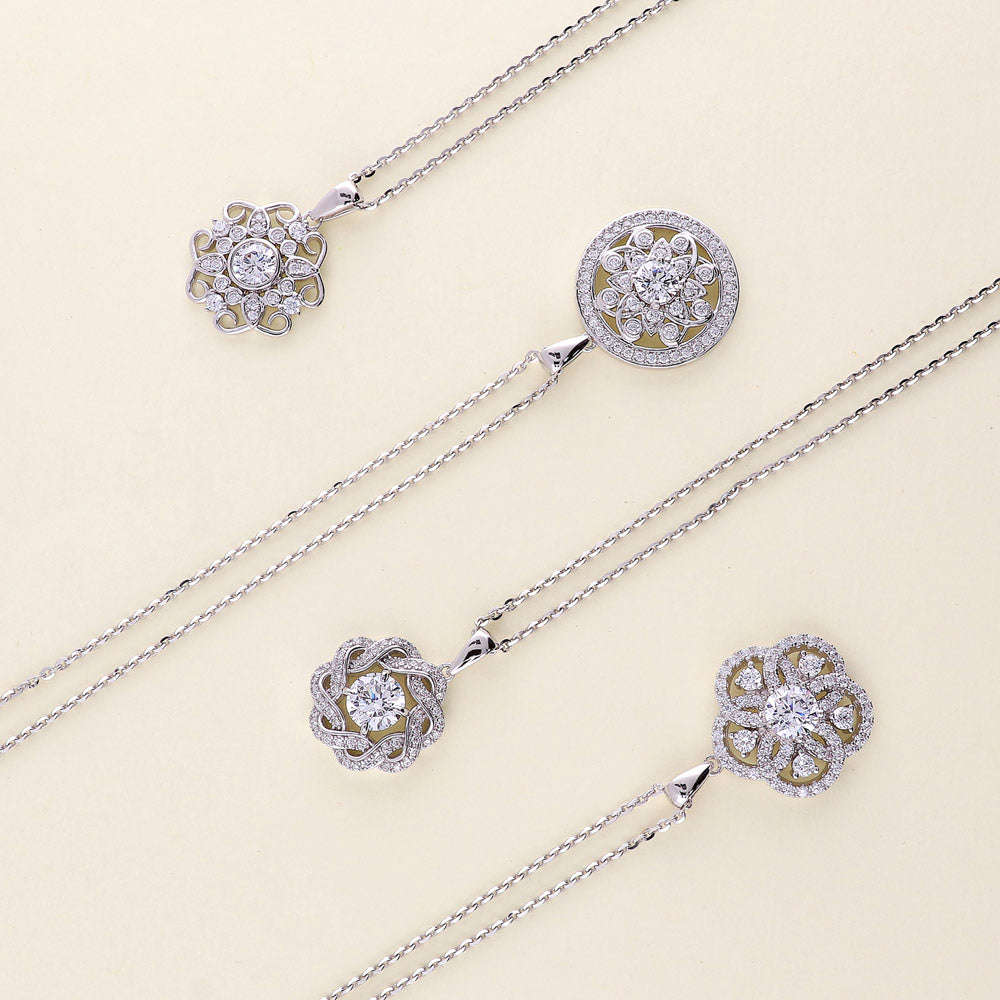 Sterling Silver Flower Medallion CZ Pendant Necklace
