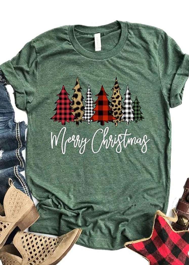 Fashion Christmas Tree Printing Short Sleeve Round Neck T-Shirt for Women