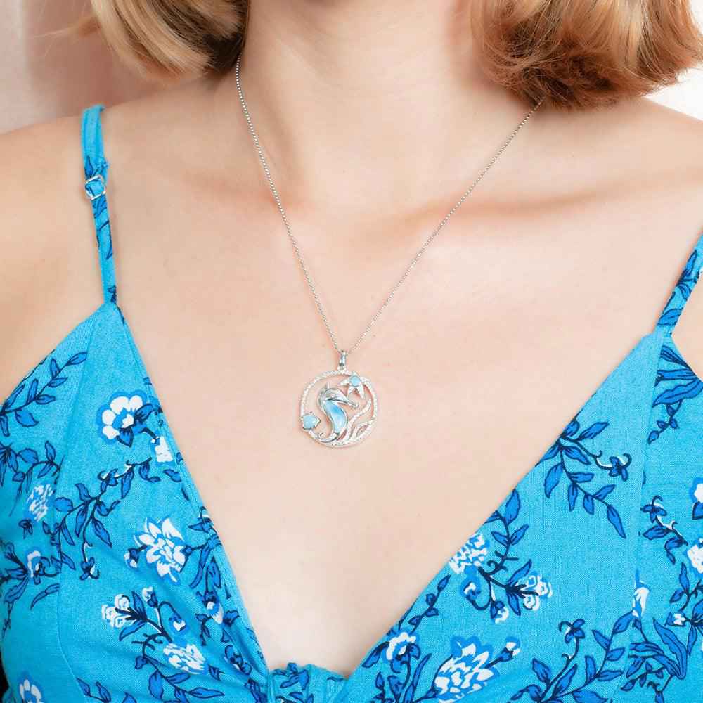 Larimar Sea Life Pendant - 925 Sterling Silver with Seahorse Motif