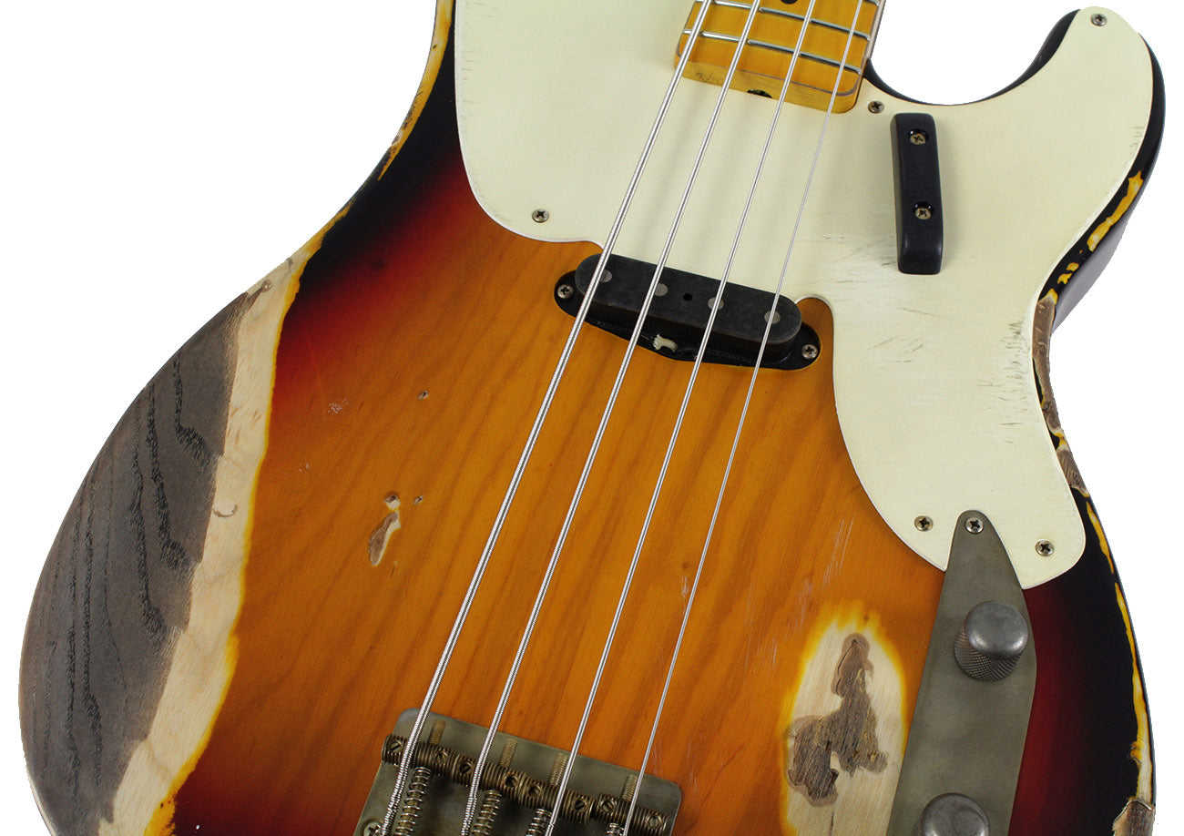Nash PB-55 Bass Guitar, 3-Tone Burst, Heavy Aging