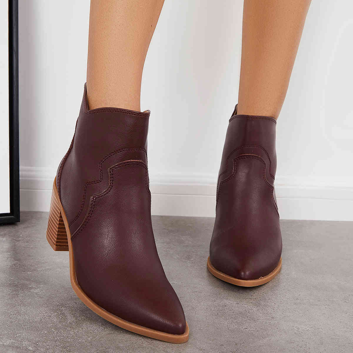 Pointed Toe Western Booties Back Zipper Chunky Heel Ankle Boots