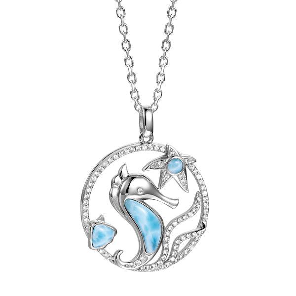 Larimar Sea Life Pendant - 925 Sterling Silver with Seahorse Motif