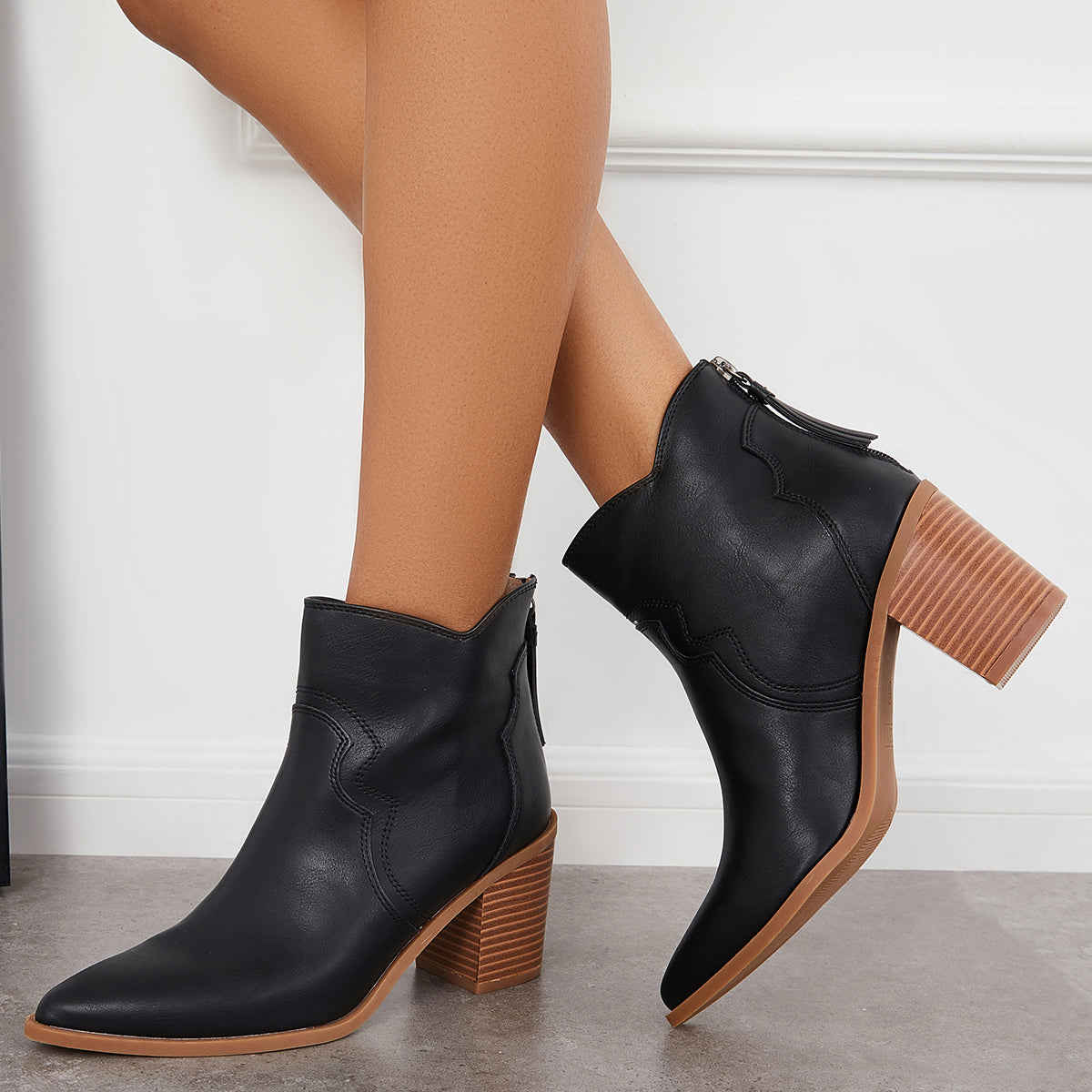 Pointed Toe Western Booties Back Zipper Chunky Heel Ankle Boots