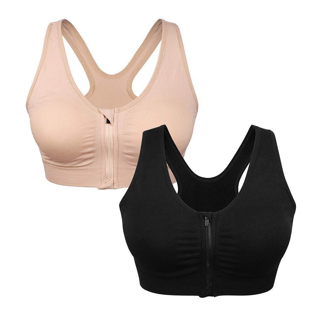 Women's Zip Front Sports Bra - Wireless Post-Surgery Active Yoga Bra