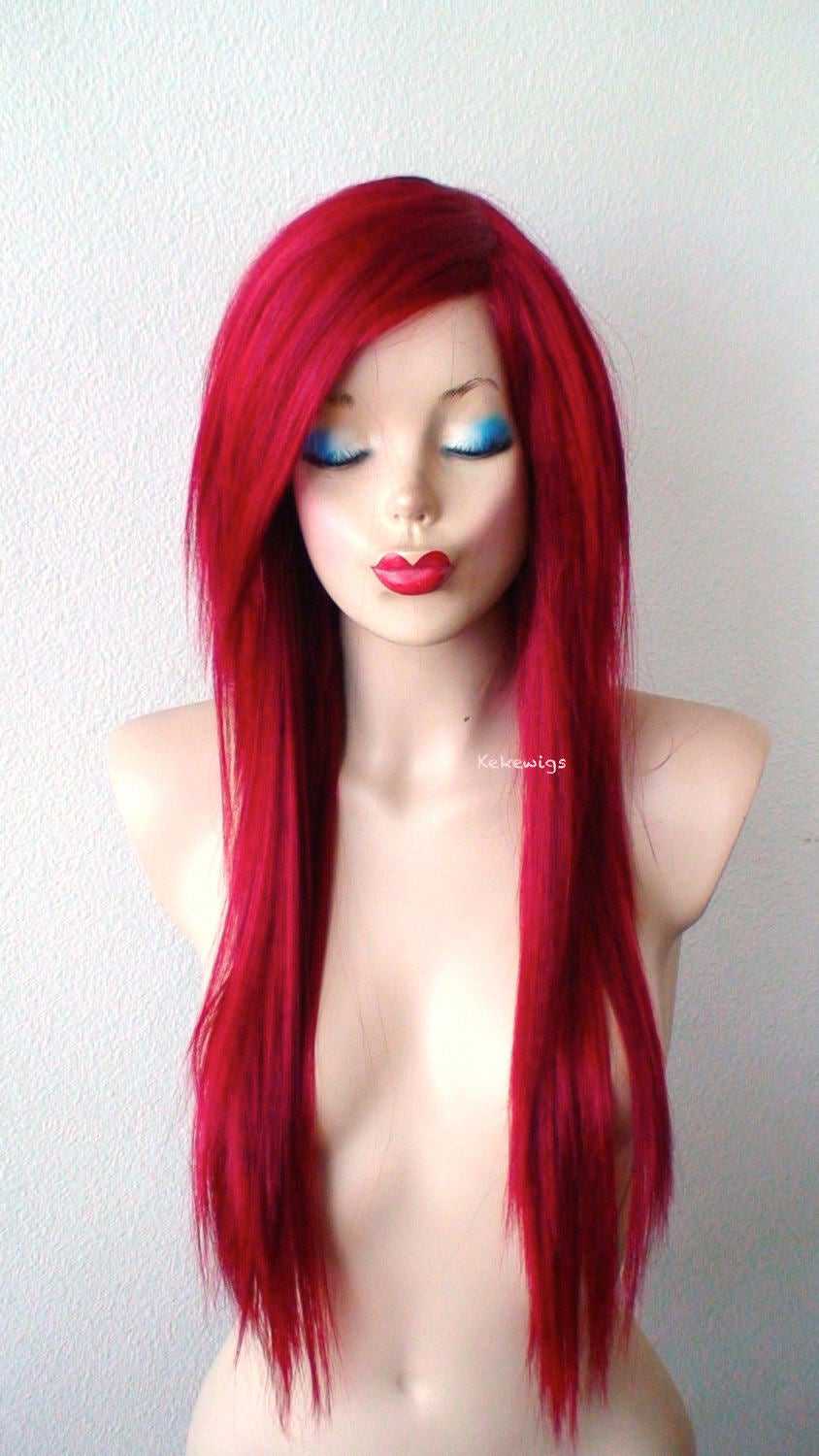 28 Wine Red Long Straight Layered Hair with Long Side Bangs Wig