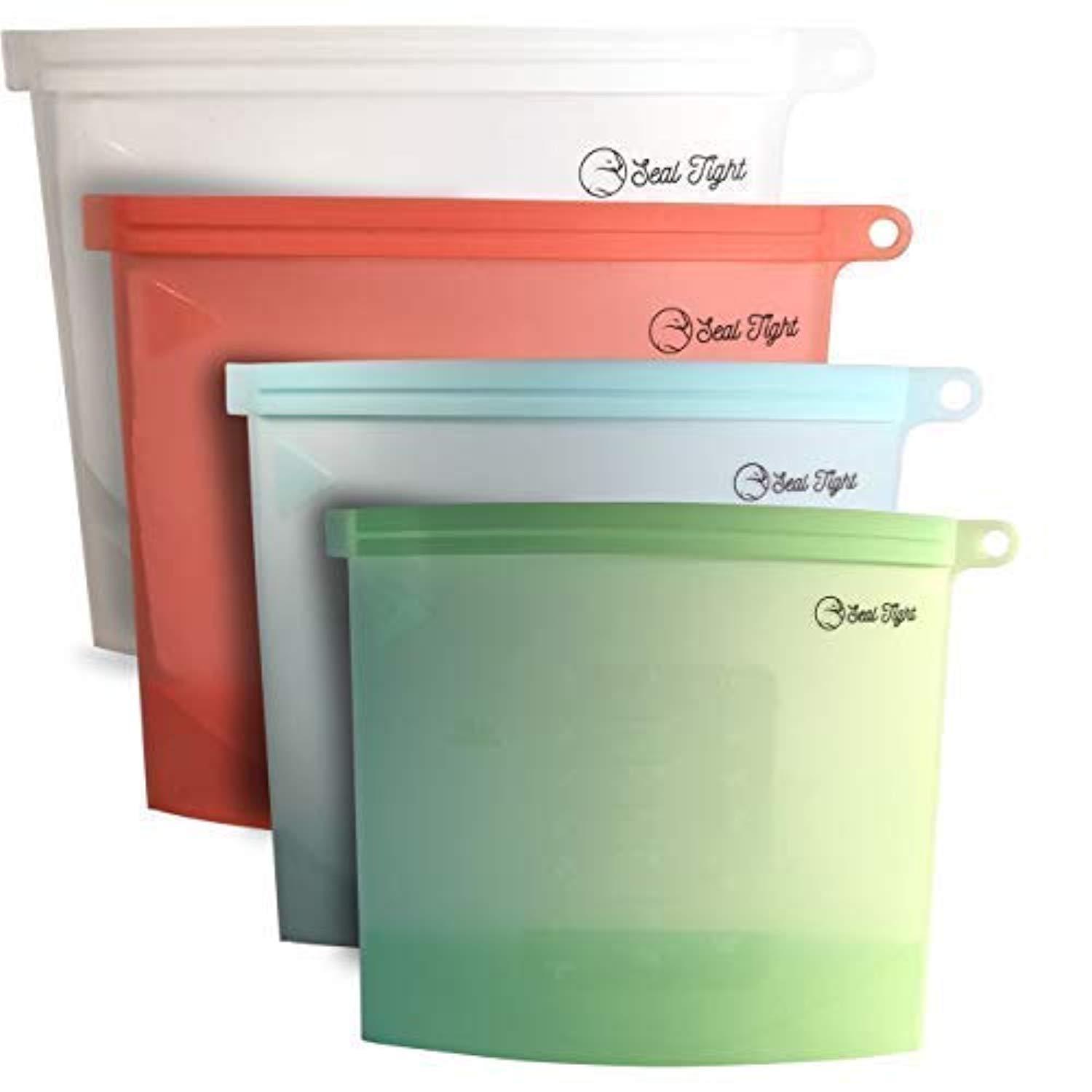 Reusable Silicone Food Grade Storage Bags - Airtight, Microwave, Freeze, Steam Safe (4 Pack)