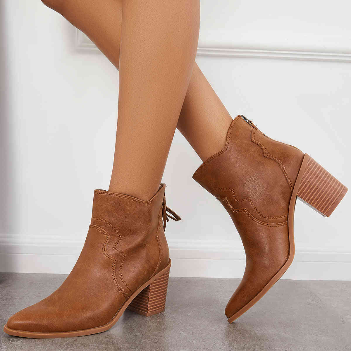 Pointed Toe Western Booties Back Zipper Chunky Heel Ankle Boots