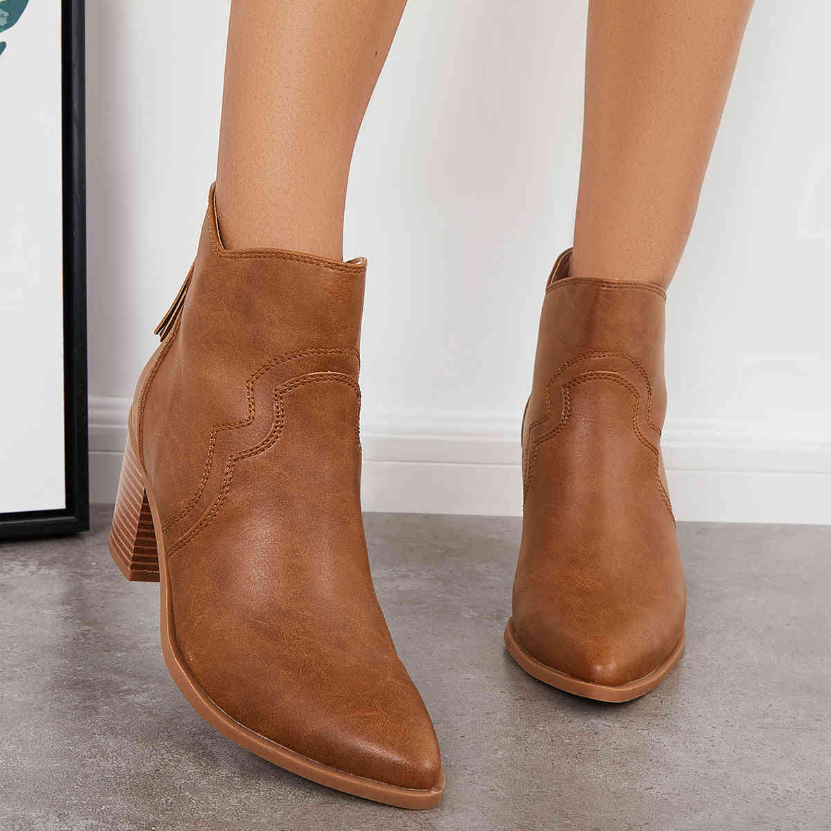 Pointed Toe Western Booties Back Zipper Chunky Heel Ankle Boots