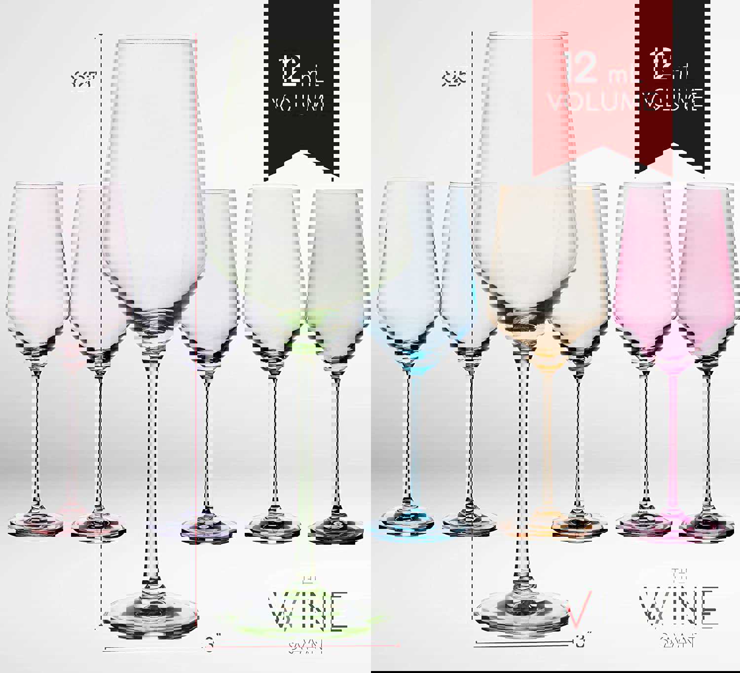 Colored Wine Glass Set, Large 12 oz Glasses Set of 6, Italian Style Hand Blown