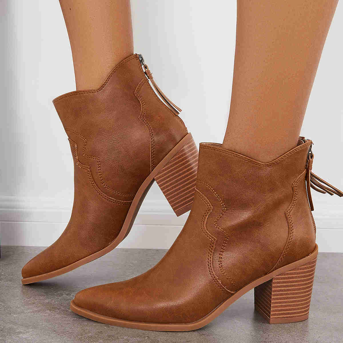 Pointed Toe Western Booties Back Zipper Chunky Heel Ankle Boots