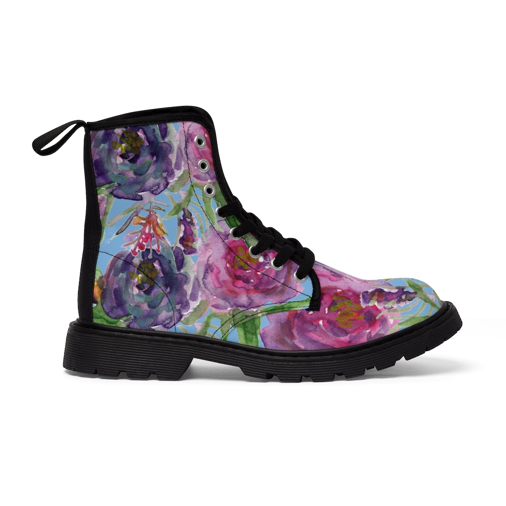 Blue Floral Print Women's Boots - Pink Purple Rose Flower Print Combat Boots