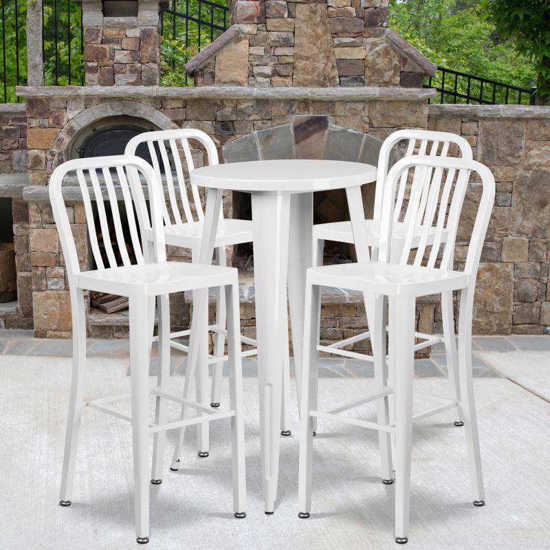 Richard Commercial Grade 24 Round White Metal Indoor-Outdoor Bar Table Set with 4 Stools