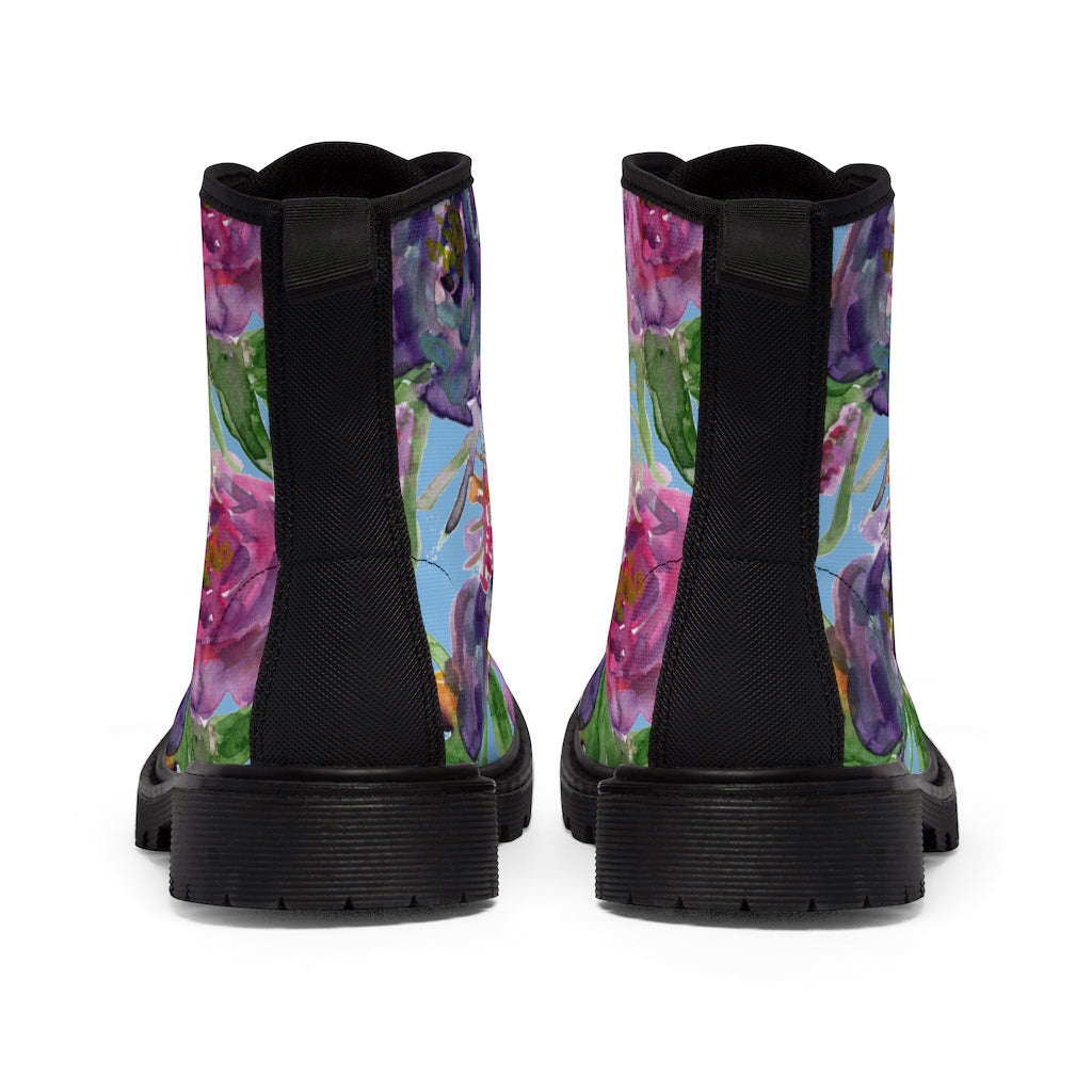 Blue Floral Print Women's Boots - Pink Purple Rose Flower Print Combat Boots