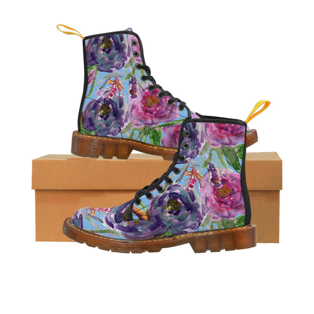 Blue Floral Print Women's Boots - Pink Purple Rose Flower Print Combat Boots