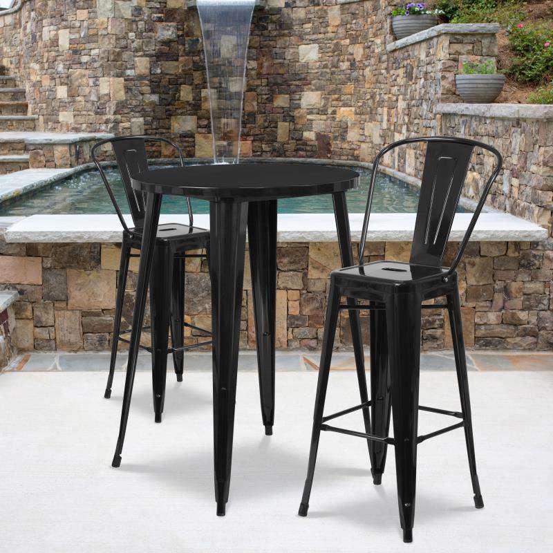 Flash Furniture Caron Commercial Grade 30 Round Black Metal Indoor-Outdoor Bar Table Set with 2 Cafe Stools
