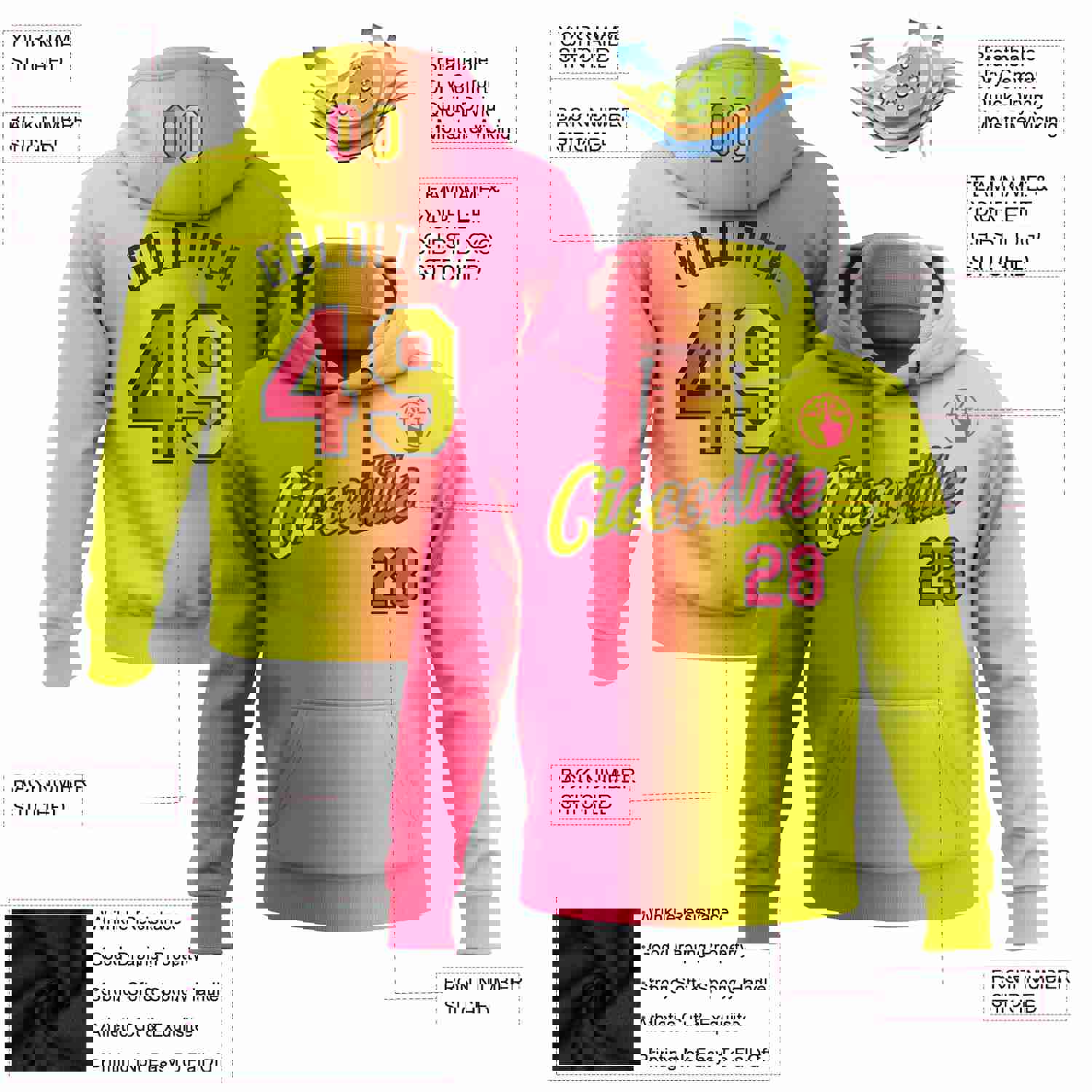 Custom Stitched Neon Yellow Neon Pink-Black Gradient Fashion Sports Pullover Sweatshirt Hoodie