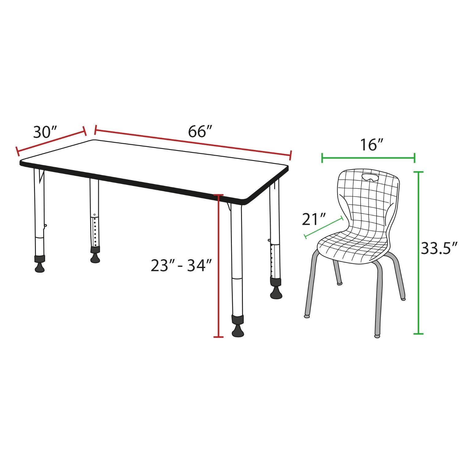 Kee Classroom Table and Chair Package - Adjustable Height Table with 2 Stackable Chairs