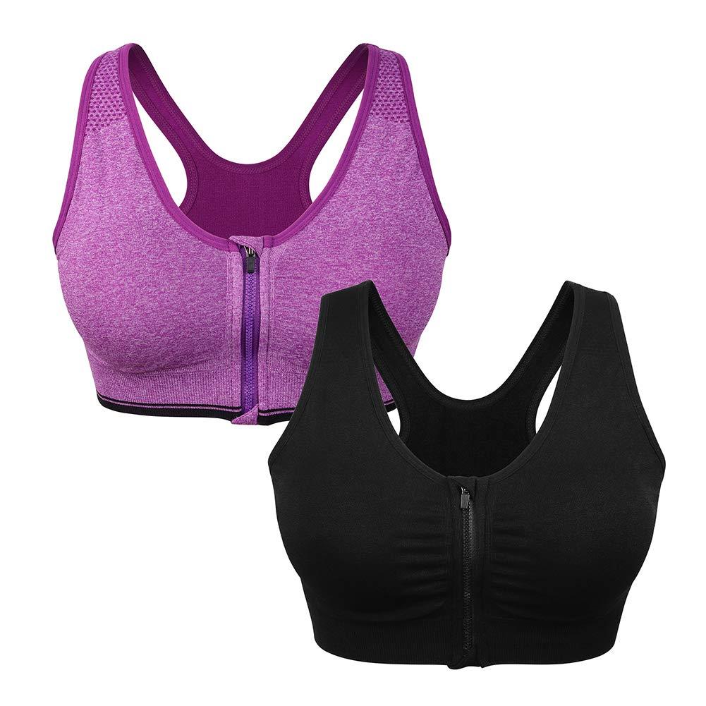 Women's Zip Front Sports Bra - Wireless Post-Surgery Active Yoga Bra
