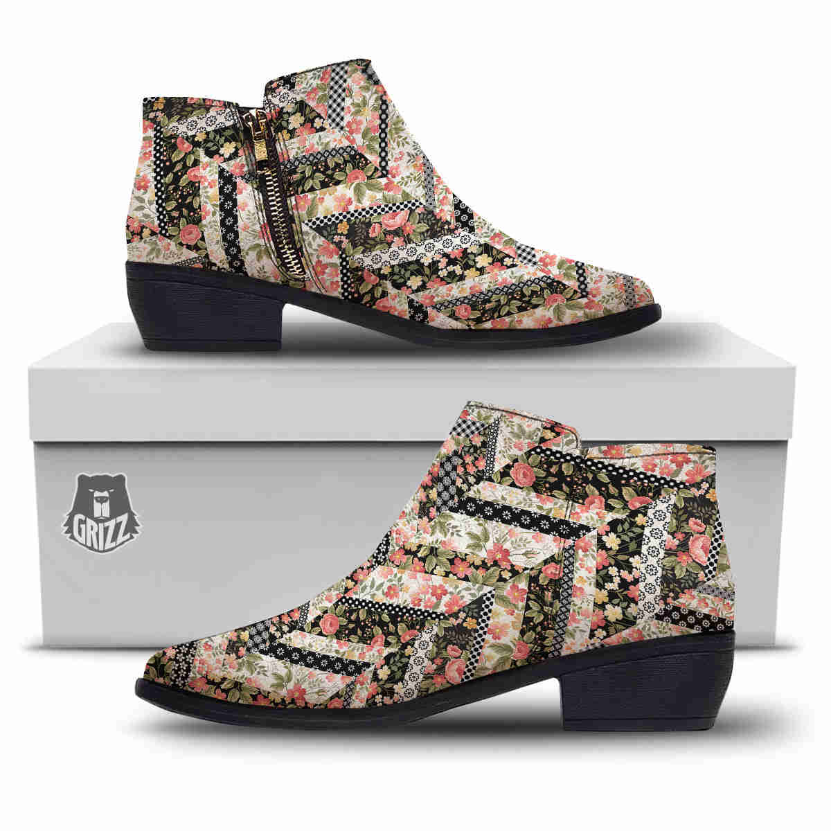Zigzag Floral Patchwork Print Pattern Ankle Boots