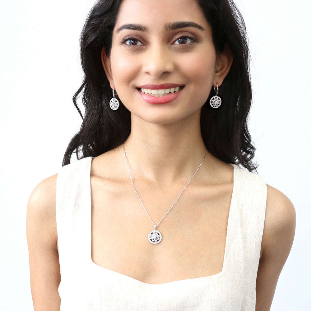 Sterling Silver Flower Medallion CZ Pendant Necklace