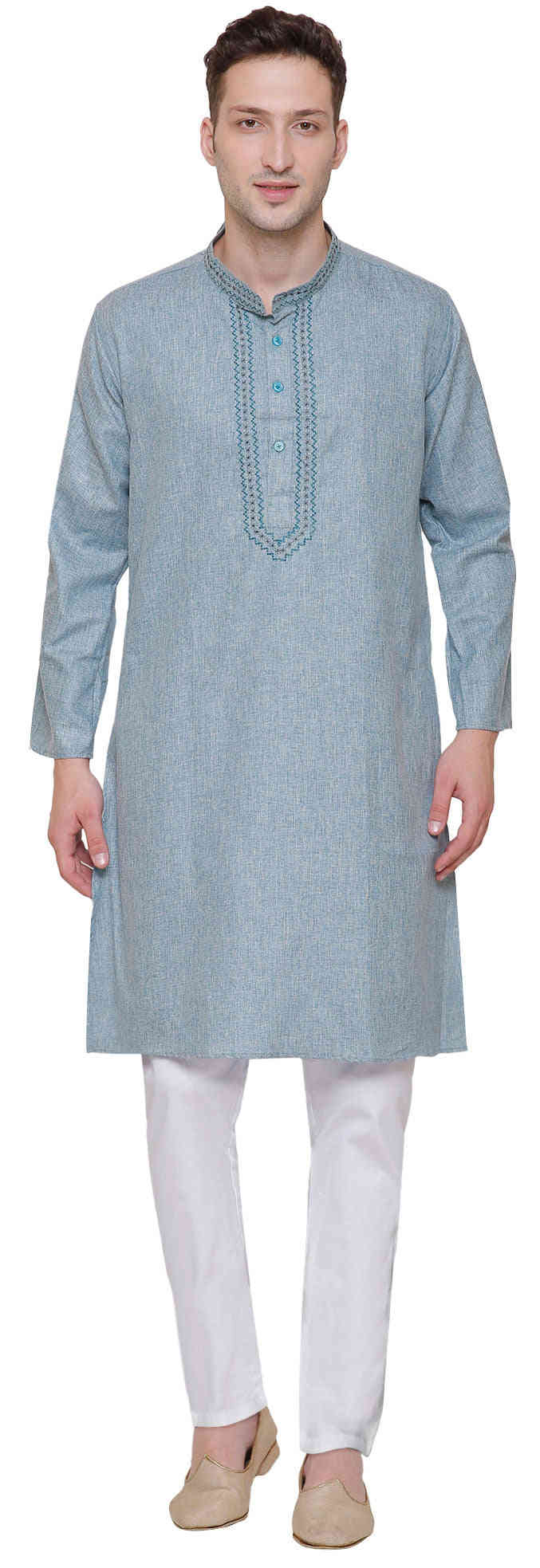Traditional Indian Cotton Embroidered Mens Kurta Pajama Set (Green)