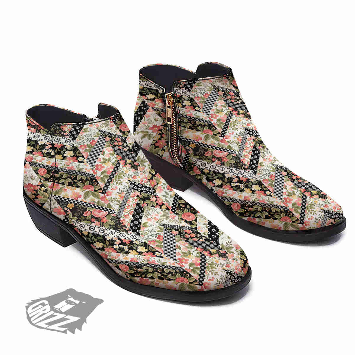 Zigzag Floral Patchwork Print Pattern Ankle Boots