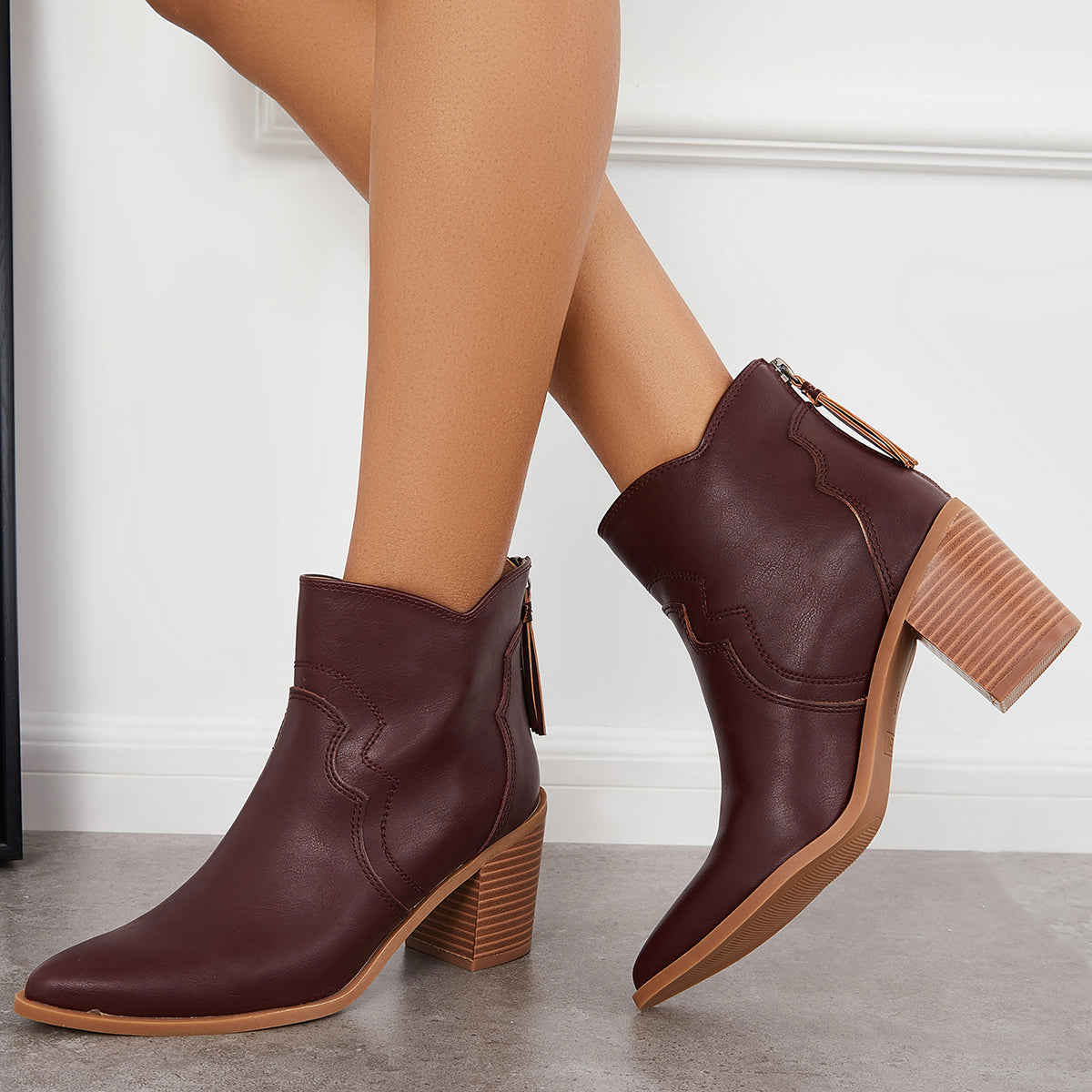 Pointed Toe Western Booties Back Zipper Chunky Heel Ankle Boots