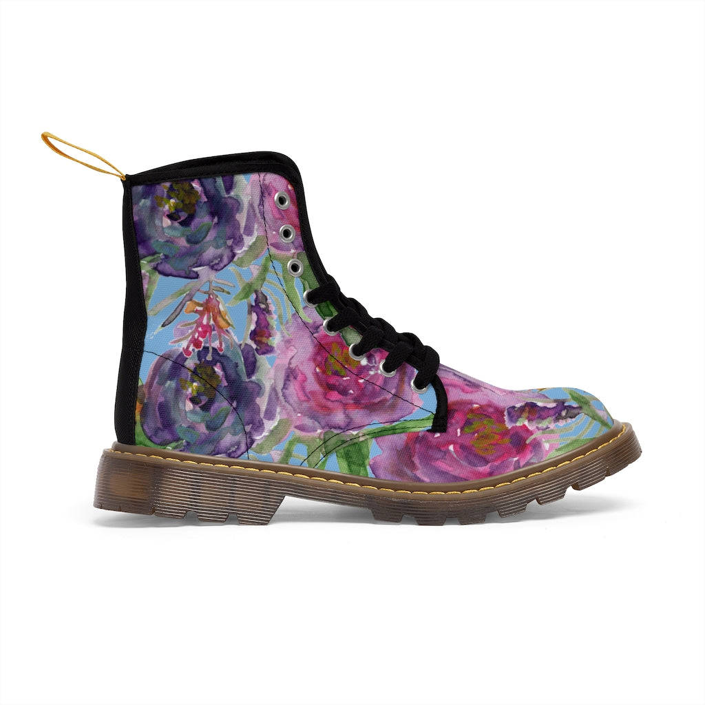 Blue Floral Print Women's Boots - Pink Purple Rose Flower Print Combat Boots