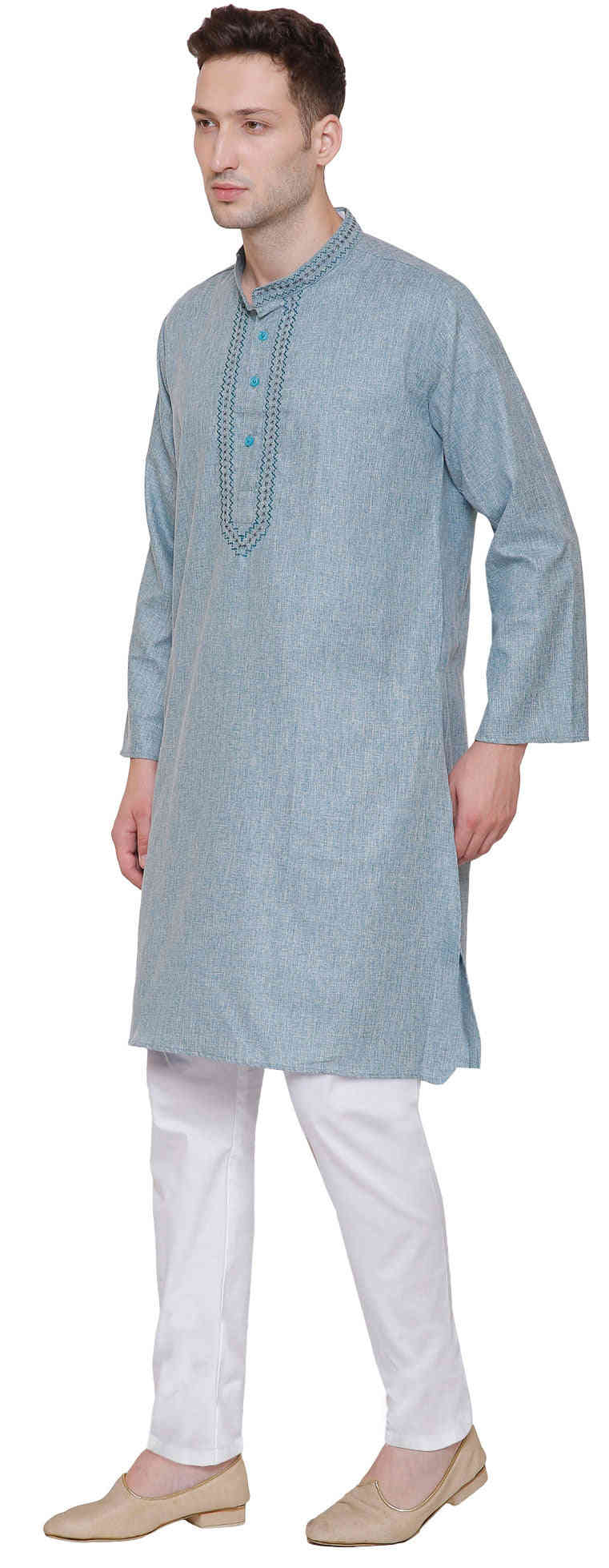 Traditional Indian Cotton Embroidered Mens Kurta Pajama Set (Green)