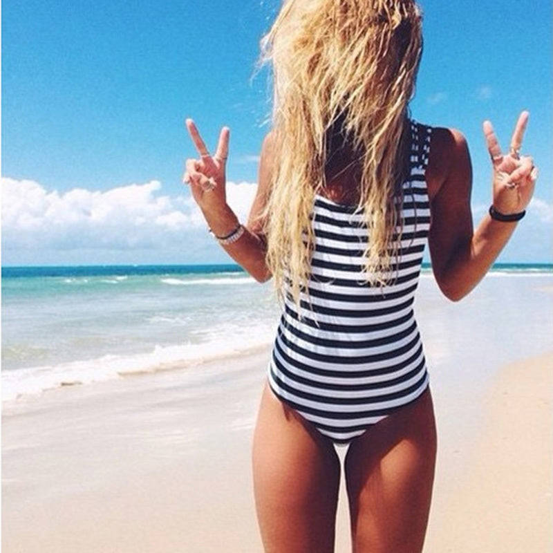2017 Vintage Striped One Piece Swimsuit for Women - White, Black, Navy