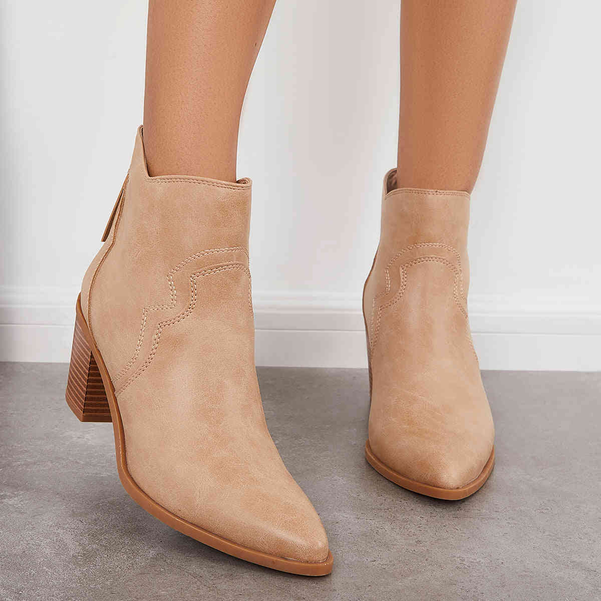 Pointed Toe Western Booties Back Zipper Chunky Heel Ankle Boots