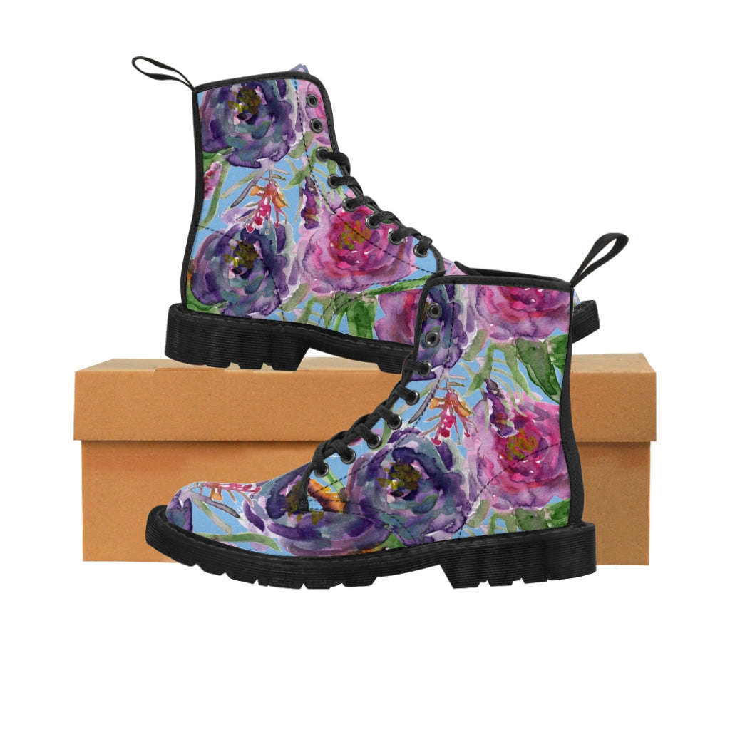 Blue Floral Print Women's Boots - Pink Purple Rose Flower Print Combat Boots