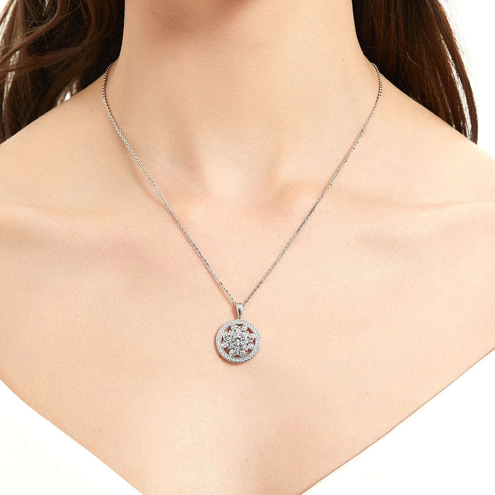Sterling Silver Flower Medallion CZ Pendant Necklace