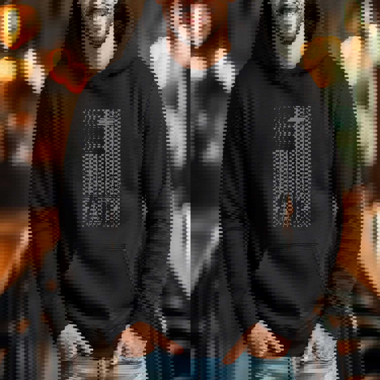 USA Flag Patriotic American Hooded Sweatshirt - Faith Over Fear Prayer Pullover Hoodie