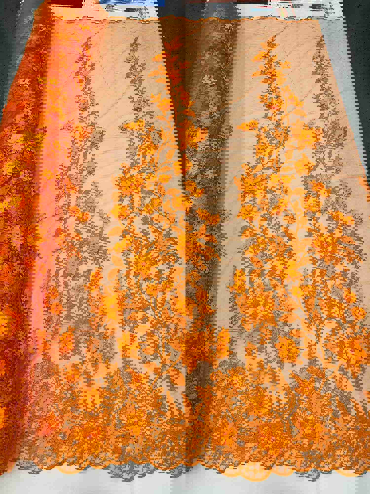 Orange 3D Floral Embroidered Mesh Lace with Pearls for Prom Dresses and Nightgowns