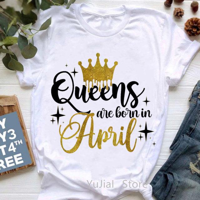 Golden Crown Queen Born in January to December Graphic Print T-Shirt for Women