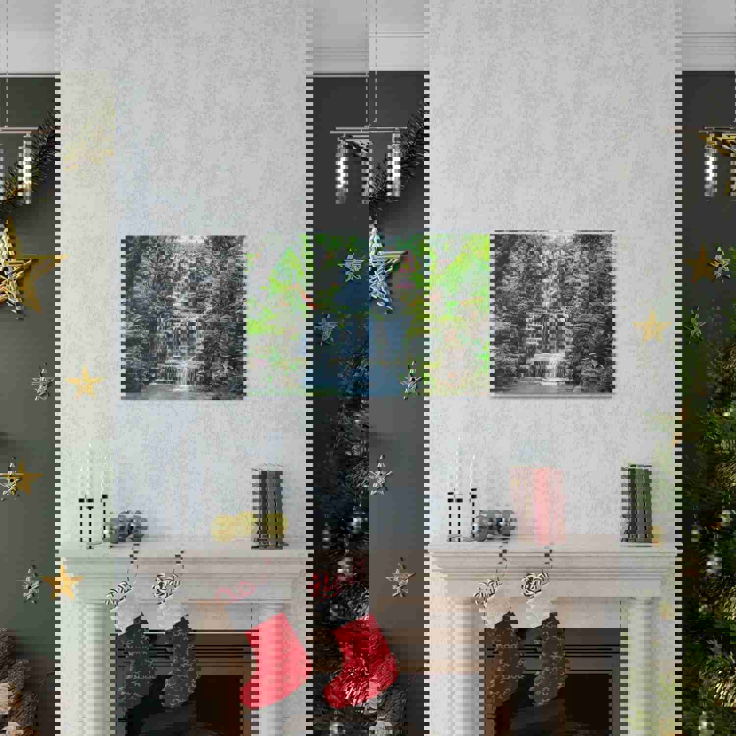 Waterfall with Maple Trees Kyoto Garden Canvas Wall Art - Ready-to-Hang Home Decor