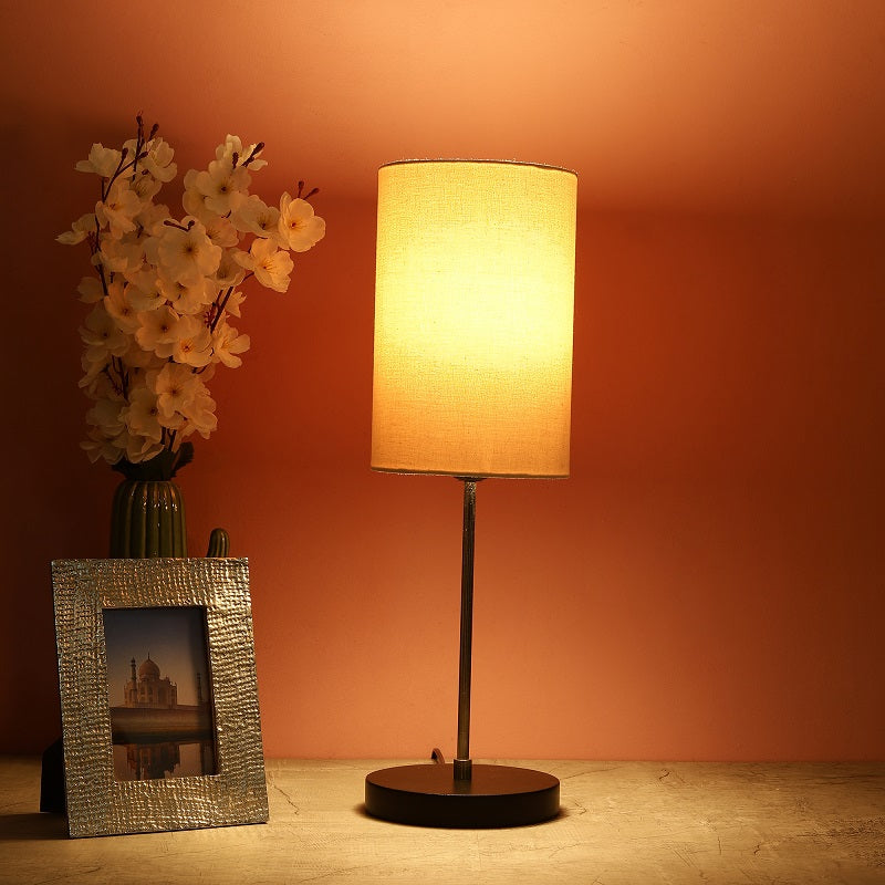 BTR CRAFTS Silver Rod With Black Wooden Base Table Lamp (Cylinder Lampshade)
