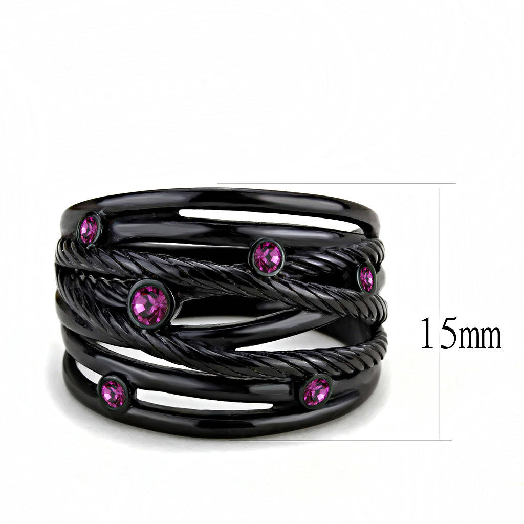IP Black (Ion Plating) Stainless Steel Ring with Top Grade Crystal in Fuchsia for Women - Style TK3565