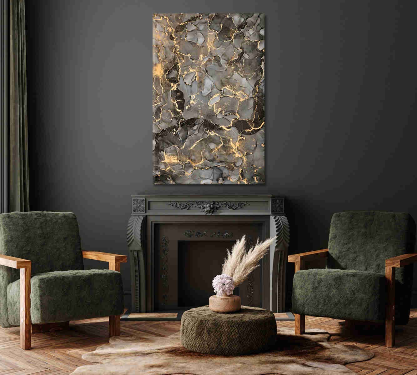 Natural Luxury Abstract Fluid Art with Golden Swirls - Canvas Print for Home and Office Decor