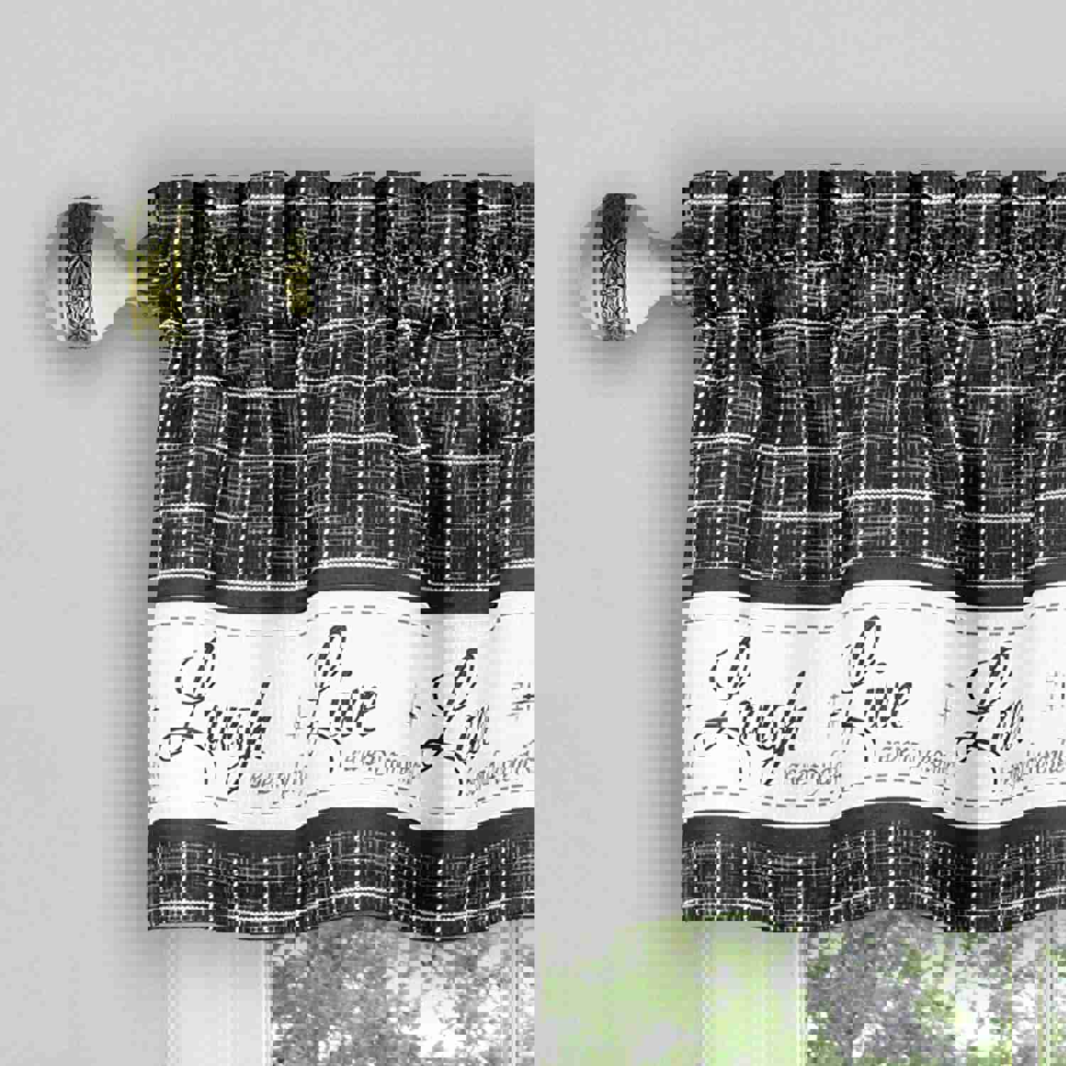 Live Laugh Love 3-Piece Kitchen Curtain Set, Charcoal, Tiers 58x36, Swag 58x14 Inches