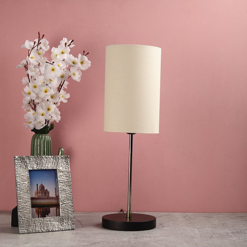 BTR CRAFTS Silver Rod With Black Wooden Base Table Lamp (Cylinder Lampshade)