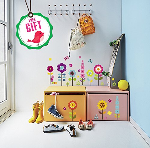 Flower Wall Stickers for Kids - Floral Garden Wall Decals for Girls Room - Removable Toddlers Bedroom Vinyl Nursery Wall Décor [27 Art clings] with Free Bird Gift