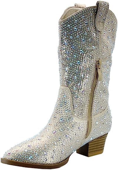 Forever Girls/Kids Rhinestone Western Cowgirl Cowboy Pointed Toe Low Heel Boots