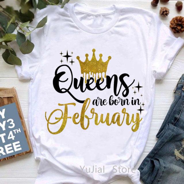 Golden Crown Queen Born in January to December Graphic Print T-Shirt for Women