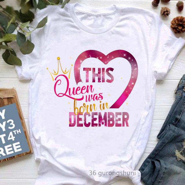Golden Crown Queen Born in January to December Graphic Print T-Shirt for Women