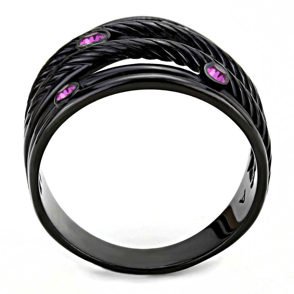 IP Black (Ion Plating) Stainless Steel Ring with Top Grade Crystal in Fuchsia for Women - Style TK3565