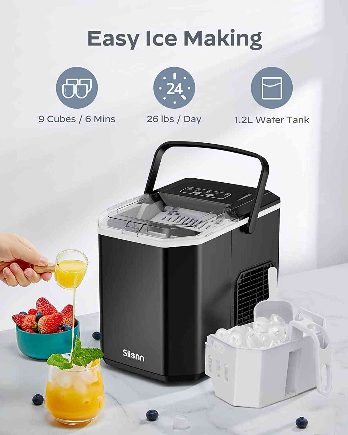 Portable Ice Maker Machine, 26 Lbs/Day, Self-Cleaning, Compact Countertop Ice Maker with Carry Handle for Home, Kitchen, Camping, RV