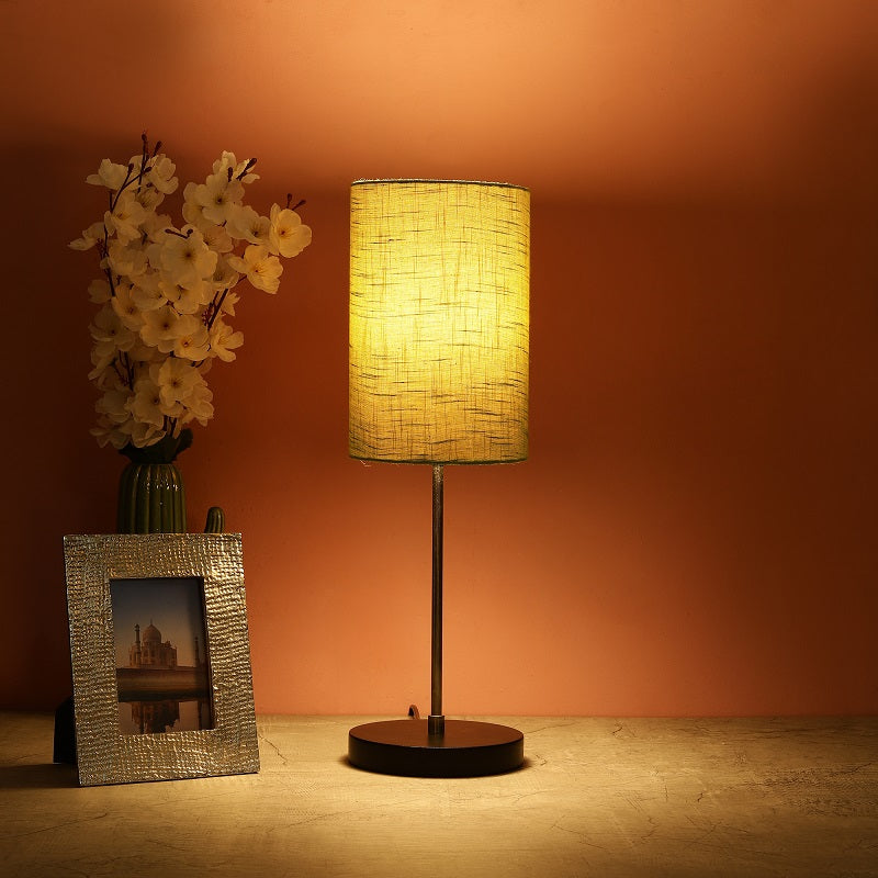 BTR CRAFTS Silver Rod With Black Wooden Base Table Lamp (Cylinder Lampshade)