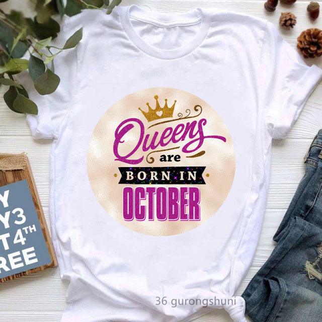 Golden Crown Queen Born in January to December Graphic Print T-Shirt for Women